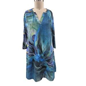 Lily by Firmiana Blue/Green Peacock Print  Dress A Line Shift Polyester Sz 1X